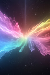 Poster - An abstract scene featuring a burst of multicolored light particles swirling and dispersing in a cosmic space environment,
