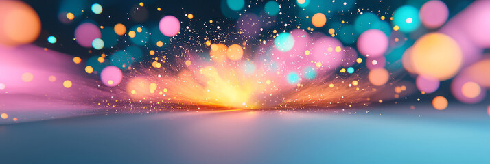 Fototapete - A mesmerizing display of colorful light particles emanating from a central point in an ethereal, abstract space backdrop,