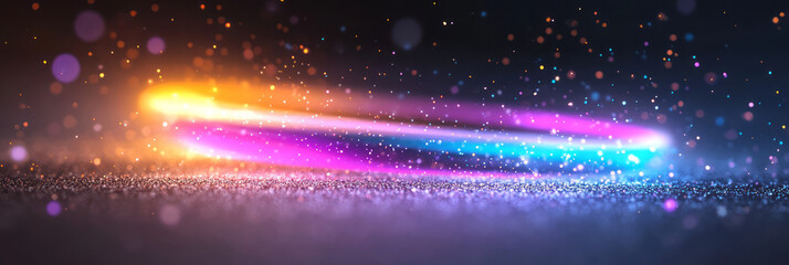 Poster - A striking abstract scene with a burst of colorful light particles creating a halo effect in a minimalist space background,