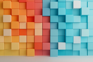 Poster - A dynamic abstract 3D geometric structure composed of stacked squares in vibrant red, blue, and yellow colors, creating a visually striking pattern,