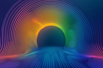 Poster - A futuristic digital artwork of colorful pixelated patterns with radiant circular gradients in neon blue and green, emphasizing depth and complexity,