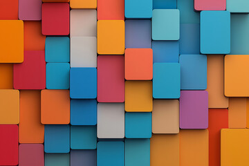 Poster - A dynamic abstract 3D geometric structure composed of stacked squares in vibrant red, blue, and yellow colors, creating a visually striking pattern,