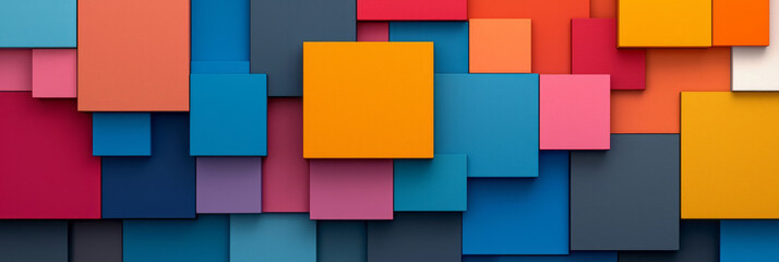 Poster - A contemporary abstract design featuring a 3D geometric structure of stacked squares in vibrant colors such as magenta, cyan, and amber, creating a lively composition,