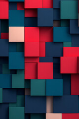 Poster - A bold abstract 3D geometric pattern of stacked squares in vibrant shades of red, blue, and green, emphasizing symmetry and depth,