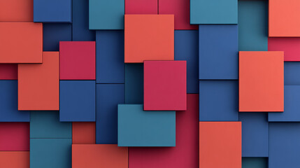 Poster - An artistic abstract 3D geometric design featuring stacked squares in vibrant hues of coral, indigo, and emerald green, creating a lively pattern,