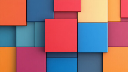 Leinwandbilder - A captivating abstract 3D geometric arrangement of stacked squares in vibrant colors such as ruby red, sapphire blue, and emerald green, creating a dynamic pattern,