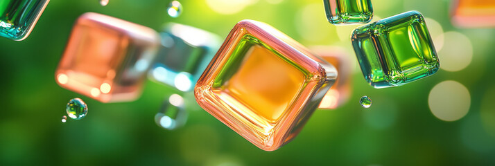Poster - A modern abstract scene featuring brightly colored glass squares floating against a softly focused green background, blending nature and design,