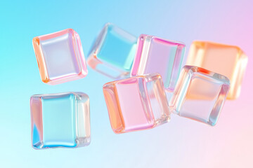Poster - An ethereal image of shimmering colored glass squares suspended in the air with a soft, blurred background, enhancing their translucent beauty,