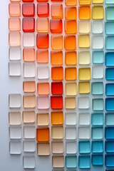 Poster - A vibrant composition of colored glass squares in various hues gently floating with a soft focus effect, creating depth and dimension,