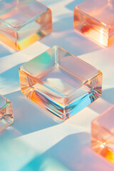 Poster - A peaceful abstract artwork showcasing floating glass squares in rich colors with a soft-focused backdrop, highlighting light and shadow play,