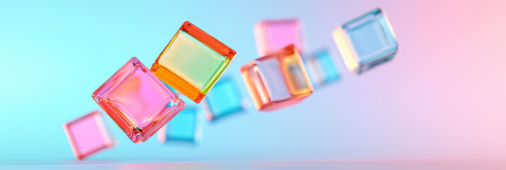 Poster - A dynamic scene of colorful glass squares gently floating with a soft focus, creating a sense of movement and fluidity in the composition,