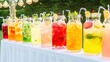 © mashimara - Refreshing Summer Beverages: A vibrant array of colorful fruit-infused drinks in glass bottles, garnished with fresh fruit slices and sprigs of herbs.