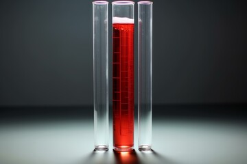 Poster - graduated cylinder with red liquid stands between empty test tubes on a gray table in laboratory set
