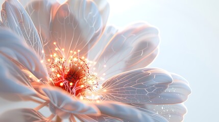 Wall Mural - A delicate glowing flower with intricate petal layers illuminated by an inner light source, set against a pristine white backdrop. 8k UHD, suitable for high-quality printing or digital display. 