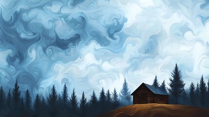 Poster - Asperitas clouds swirling above a remote cabin in the woods creating a sense of isolation and mystery