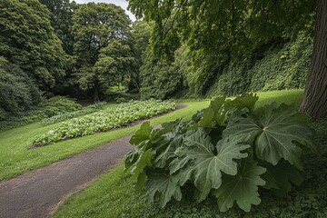 Wall Mural - Lush park pathway, green foliage, summer day, tranquil scene, nature backdrop