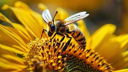 Poster - Bees in Garden Close Up of Insects Pollinating Vibrant Yellow Sunflowers, Showcasing Natures Beauty and Vital Role of Wildlife in Pollination.