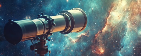 Wall Mural - a telescope peering into the depths of space, revealing galaxies and stars that are billions of year