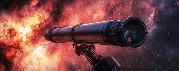Wall Mural - a telescope peering into the depths of space, revealing galaxies and stars that are billions of year