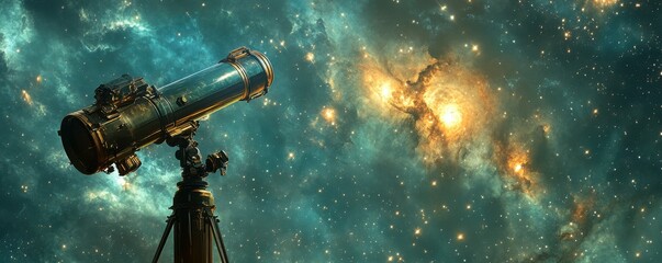 Wall Mural - a telescope peering into the depths of space, revealing galaxies and stars that are billions of year