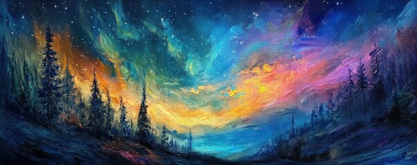 Wall Mural - a breathtaking panorama of the northern lights illuminating the night sky with celestial hues.