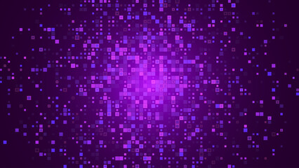 Fototapete - Digital Purple Pixel Explosion. Abstract Virtual Cyber Space Data Flow. Halftone Pixel Effect Round Explosion. Vector Illustration.