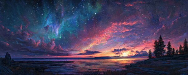 Wall Mural - a breathtaking panorama of the northern lights illuminating the night sky with celestial hues.