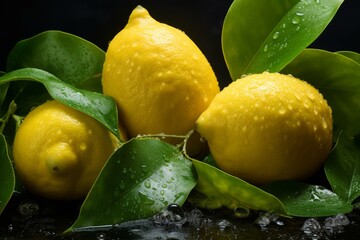 Three ripe lemons with water drops lying on wet green leaves against a black background