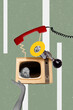 © deagreez - Creative artwork template sketch image 3D collage of hand hold vintage television landline phone talk speech man scream woman face horn
