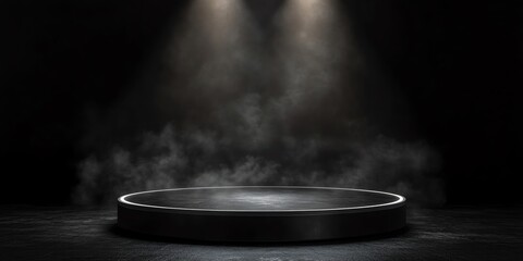 Wall Mural - Empty podium with spotlights and smoke on dark background.