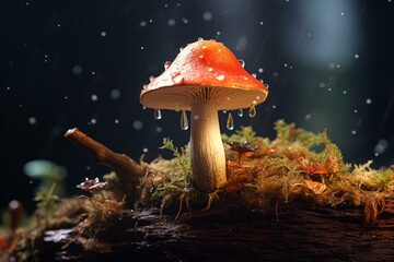 Poster - Water dripping from a red mushroom growing on a mossy log in the forest at night while raining