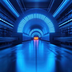 Fototapete - A futuristic tunnel illuminated with vibrant blue lights, creating a sleek and modern ambiance.