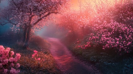 Poster - Pink-hued Pathway Through Enchanted Forest