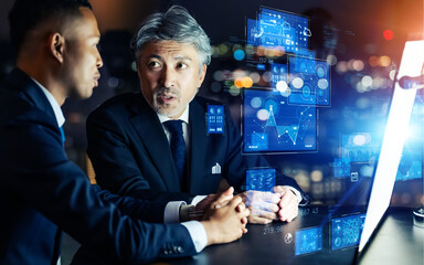 Poster - business, technology, dx, digital transformation, future, marketing, system, erp, ict, cloud, ai, businessperson, people, businessman, japanese, asian, foreigner, ux, interface, gui, hud, office, conf