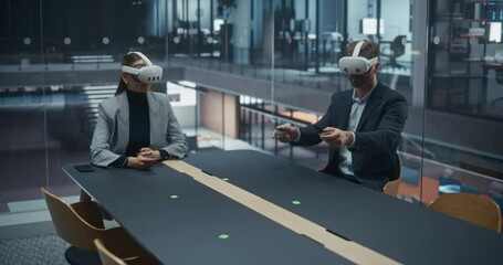 Aufkleber - Executives Sit in a Room, Wear VR Sets and Make a Product Launch Presentation to Investors in a Virtual Reality Meeting. They Make an Interactive Product Demonstration. VFX Template with Placeholders