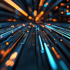 Fototapete - A dynamic visual of glowing blue and orange lines, creating a sense of depth and rapid movement, suggesting a futuristic, tech-inspired environment.