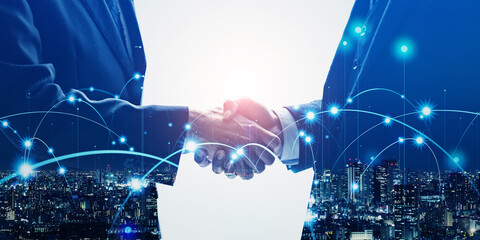 Poster - handshake, shaking hands, business, network, teamwork, cooperation, support, connection, personal connection, recruitment, technology, communication, dx, digital transformation, future, society, city,