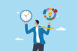 © Nuthawut - Time management, efficiency, productivity to finish work, delegation, finish tasks, prioritize responsibility, manage schedule, planning concept, businessman holding time clock with pie chart routine. © Nuthawut - Time management, efficiency, productivity to finish work, delegation, finish tasks, prioritize responsibility, manage schedule, planning concept, businessman holding time clock with pie chart routine.