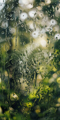 Wall Mural - Rainy Window with Nature View  Drops and Highlights on Glass Pane