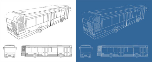 vector Bus line drawings blueprints technical . side view outline isolated on transparent background