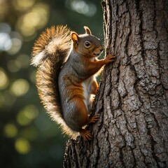 Wall Mural - A squirrel climbing a tall tree trunk with the morning sun behind it.