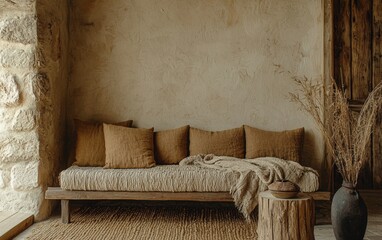 A warm rustic minimalist living room with a textured couch, soft woven throws, and organic wooden furniture