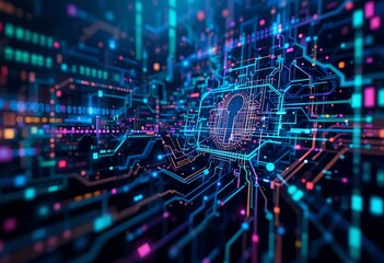 Poster - Cybersecurity Digital Keyhole Neon Circuitry Abstract Background