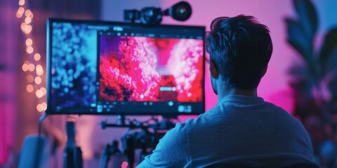 Aufkleber - A creative person sits in front of a large monitor displaying vibrant digital art. The colorful lights create a relaxed atmosphere. This image represents artistic design and technology. AI