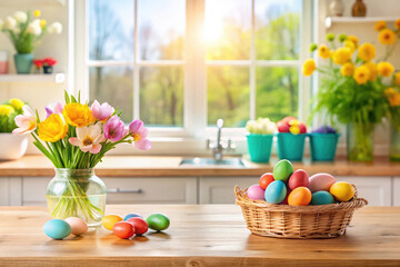 Poster - Esther's table with colorful eggs and spring flowers, blurred background of kitchen windows