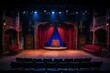 © juliars - Empty theater stage illuminated by spotlights, featuring red curtains, two majestic thrones, and seating arrangement, creating anticipation for a captivating performance