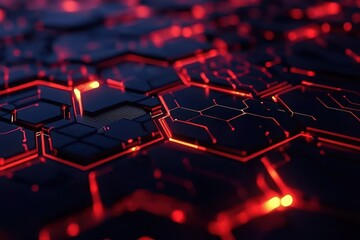 Fototapete - A close-up view of a dark, hexagonal surface illuminated with glowing red lines, creating a futuristic and tech-inspired aesthetic.