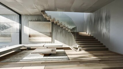 Poster - Modern Interior Design Embracing Natural Light, Minimalist Decor, and Wooden Flooring in Spacious Staircase Setting