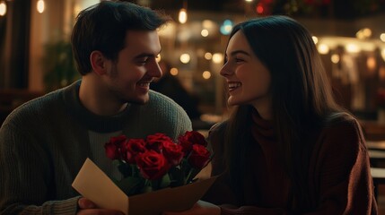 Canvas Print - Young men and women holding red roses on a date