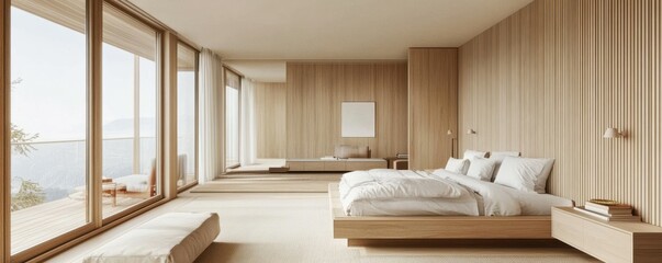 Minimalist Scandinavian-style bedroom with natural tones and clean lines.